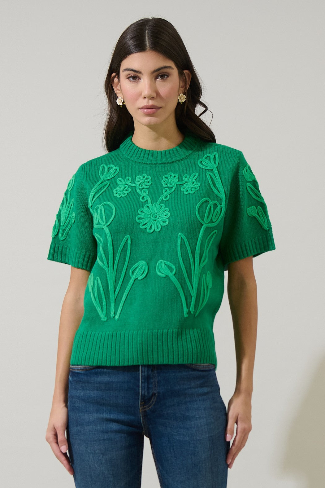 Green Textured Short Sleeve Sweater