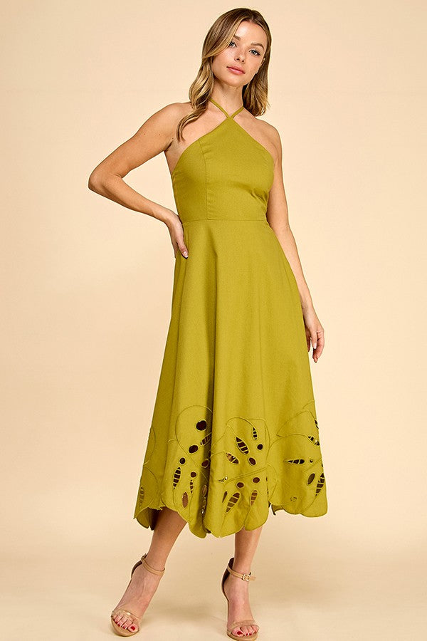 Chartreuse Eyelet Halter Dress