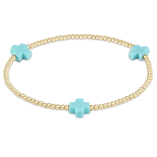 signature cross gold pattern 2mm bead bracelet turquoise