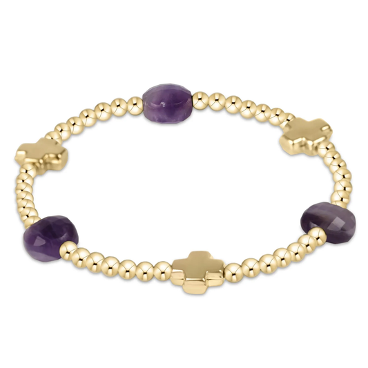 signature cross admire gold pattern 3mm bead bracelet - amethyst