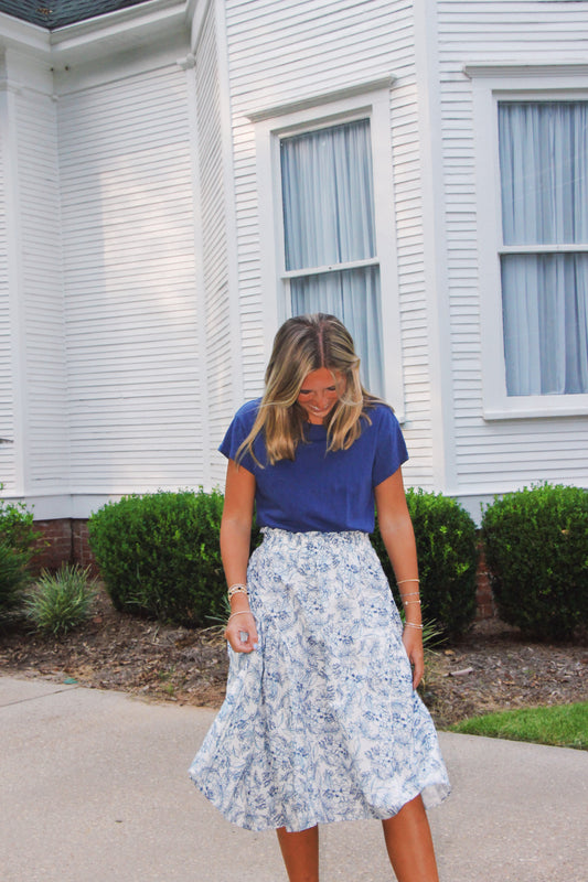 Blue and White Midi Floral Skirt