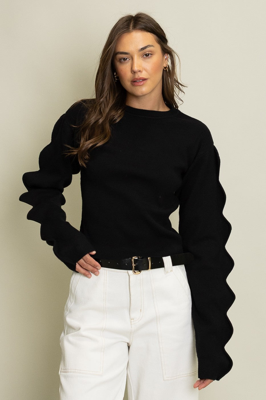 Scalloped Sleeve Black Sweater