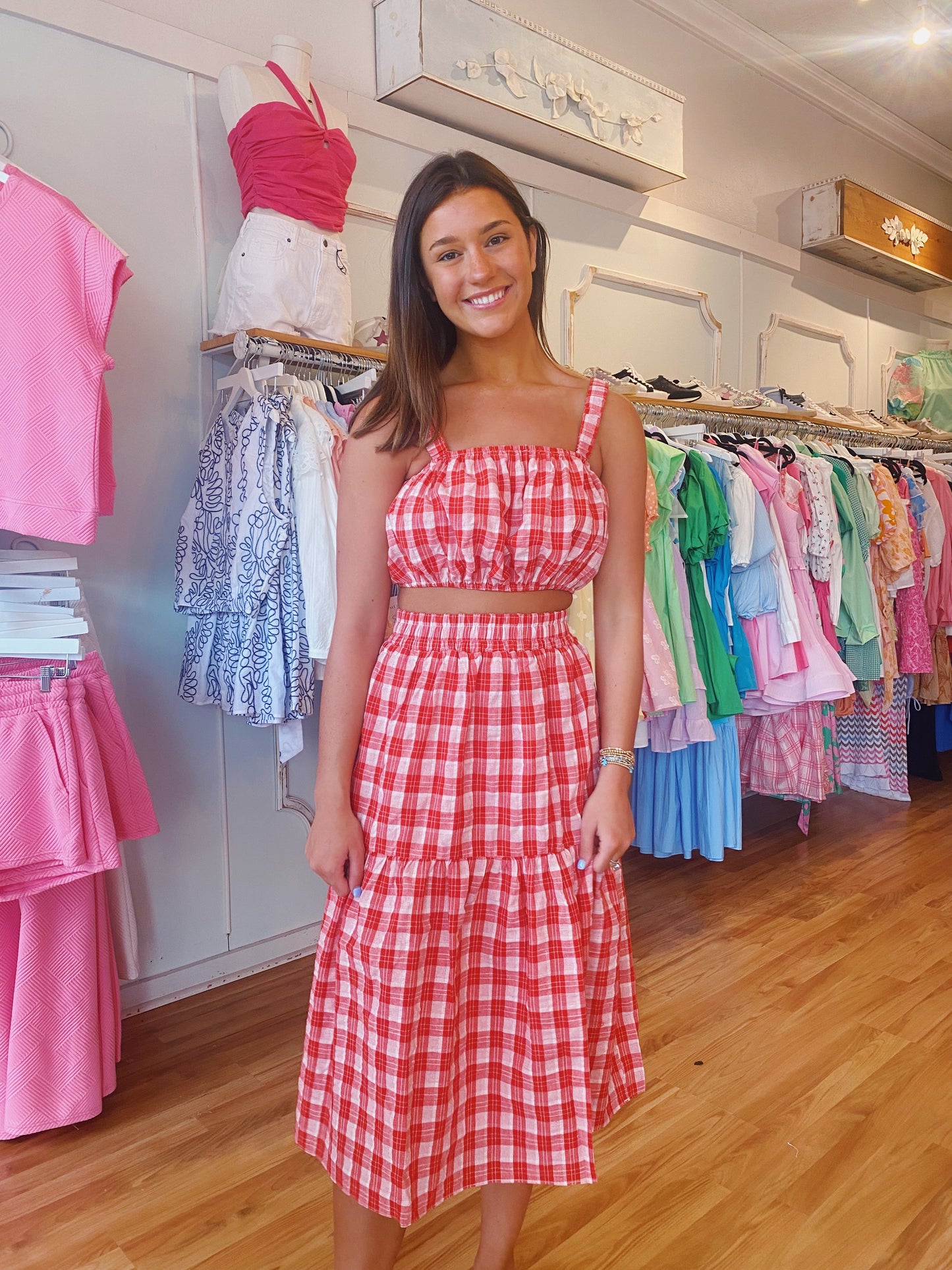 Red Plaid Midi Skirt