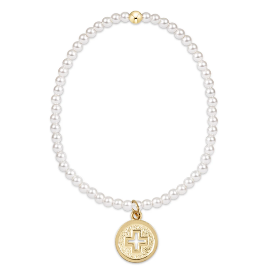 classic pearl 3mm bead bracelet - signature cross gold disc extends