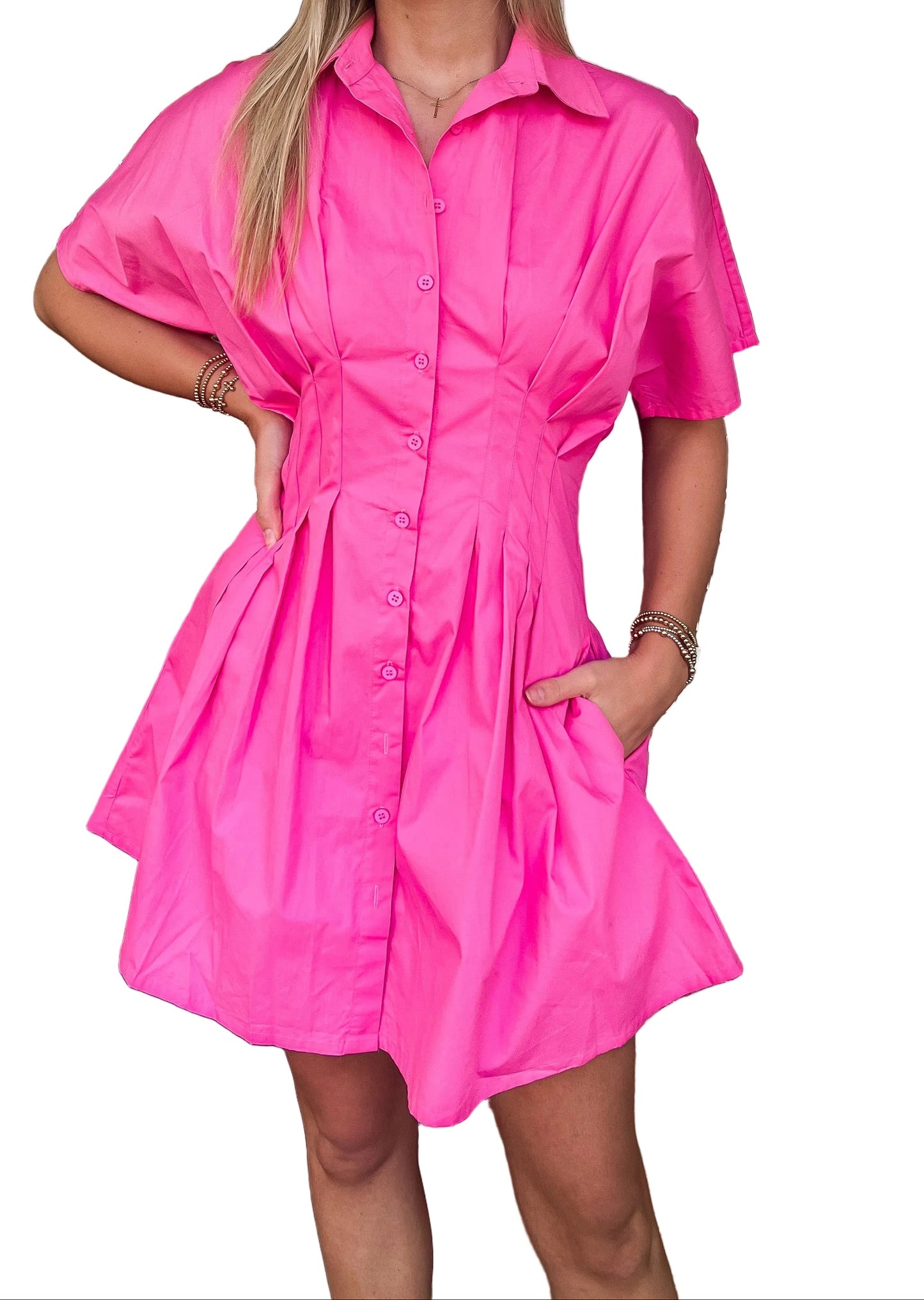 Pink Poplin Sinched Waist Mini Dress