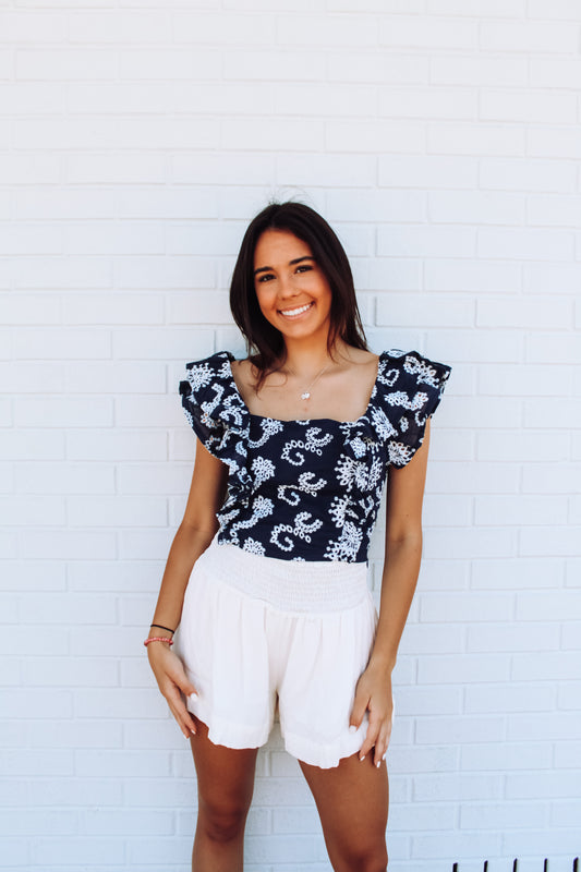 Navy and White Blue Ruffle Top