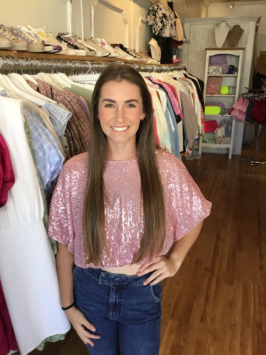 Pink Sequin Cropped Puff Top