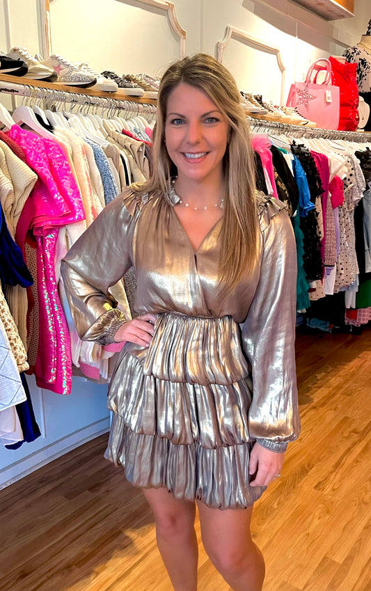 Gold Metallic Tiered Mini Dress