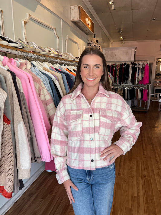 Pink N White Plaid Cropped Jacket