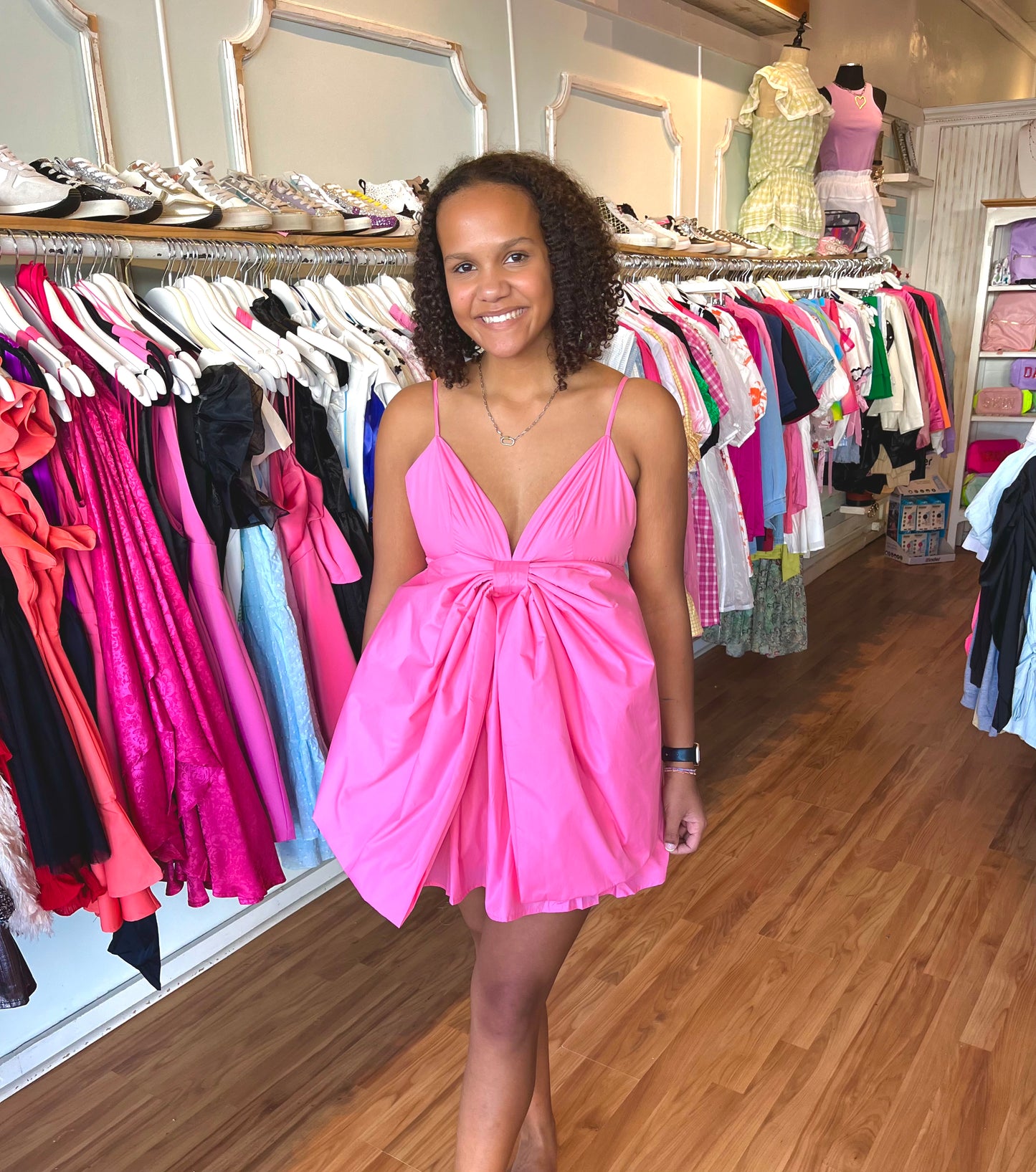 Large Pink Bow Spaghetti Strap Dress