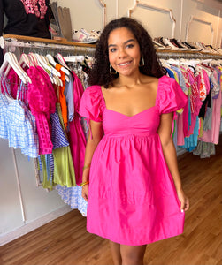 Hot Pink Pleated Puff Sleeve Dress – A Younique Boutique