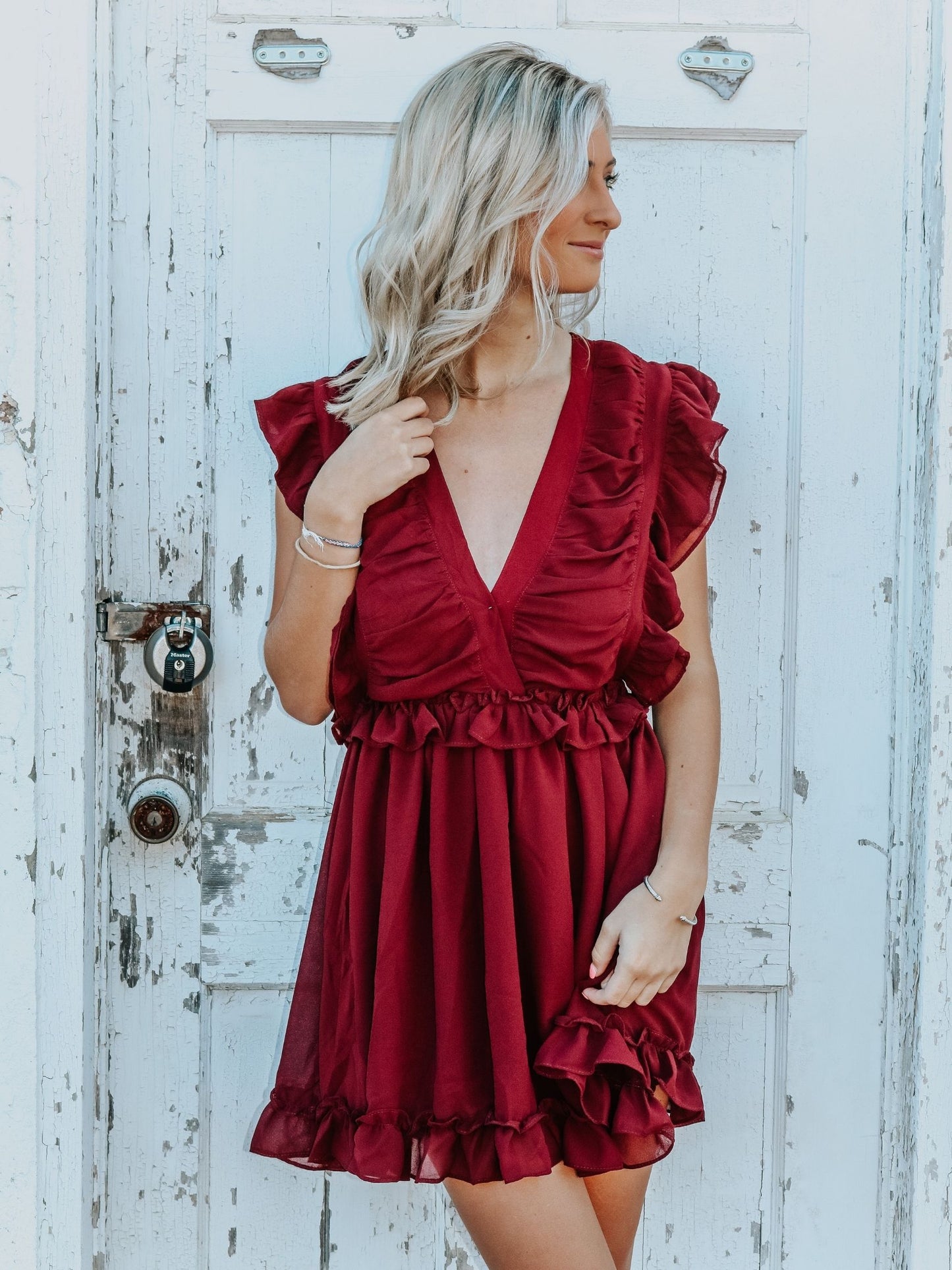 Maroon Ruffled Mini Dress