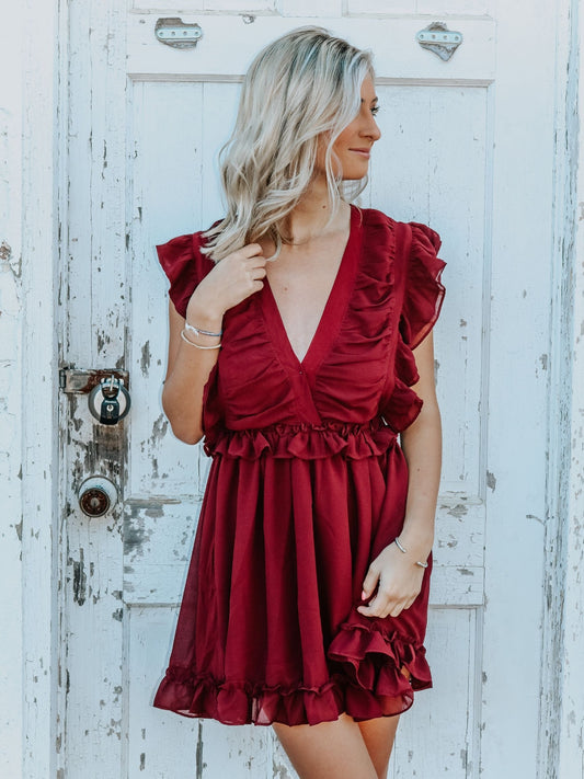 Maroon Ruffled Mini Dress