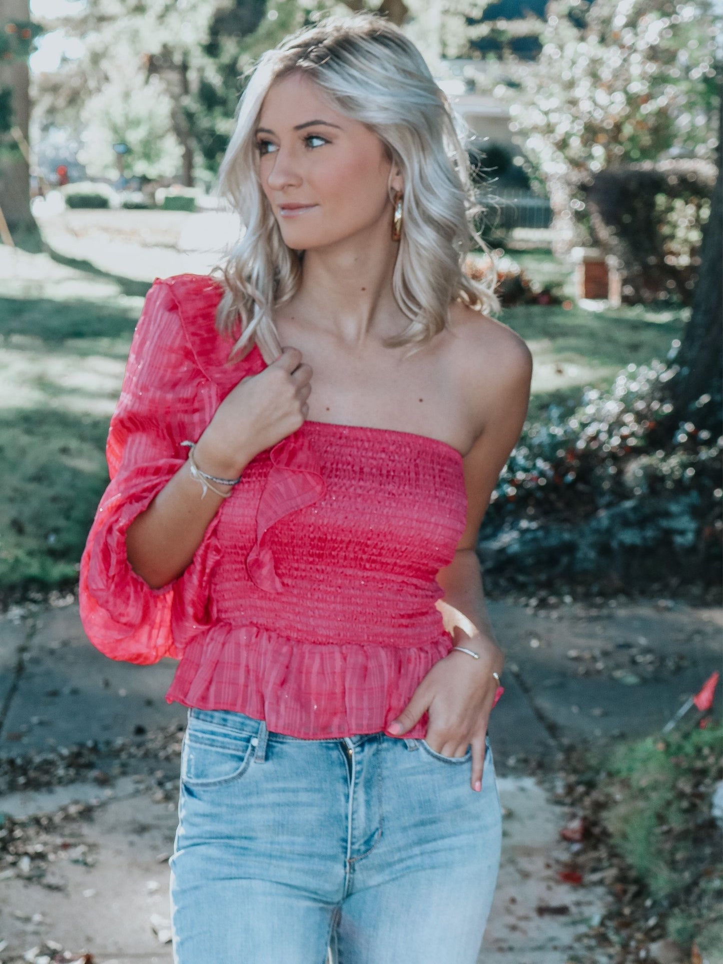 Hot Pink Smocked One Shoulder