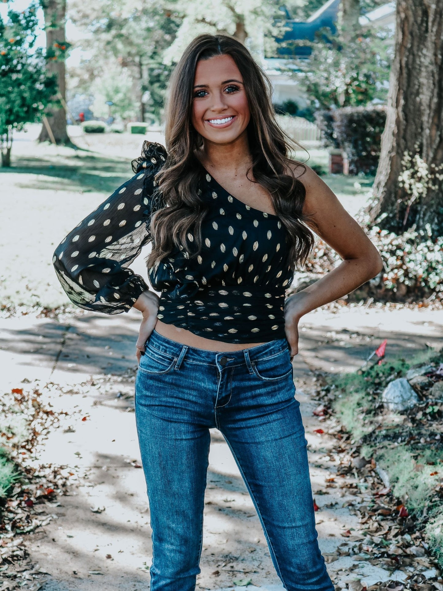 black/gold one shoulder blouse